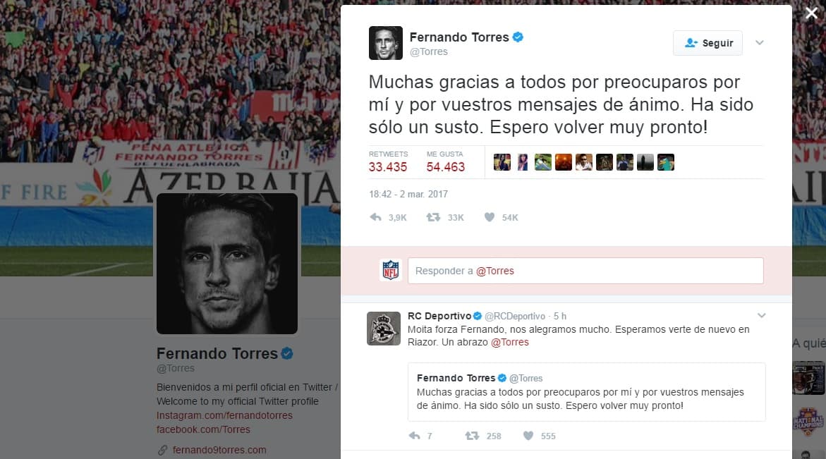 Lo mejor vino cuando, horas después del incidente, el propio Fernando Torres escribió un mensaje de agradecimiento en su cuenta de Twitter deseando regresar pronto a la actividad.