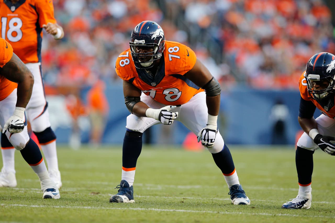 Denver Broncos tackle Ryan Clady (78) during an NFL preseason game against the Houston Texans on Saturday, Aug. 23, 2014 in Denver. The Texans won the game, 18-17. (AP Photo/Ric Tapia)