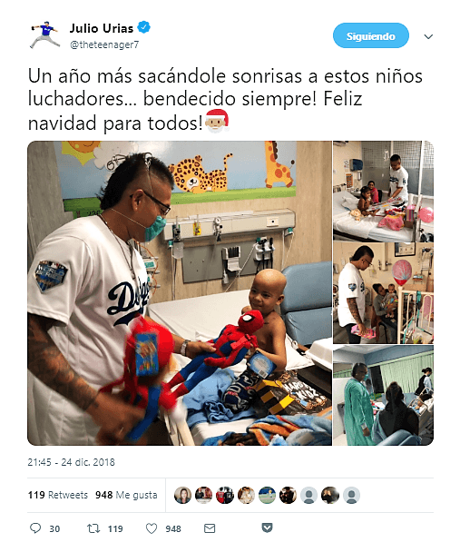 El joven lanzador mexicano de los Dodgers de Los Ángeles, Julio Urías, inclusive haciendo labor humanitaria y comunitaria en un hospital, dando lo mejor de sí en estas fechas.
