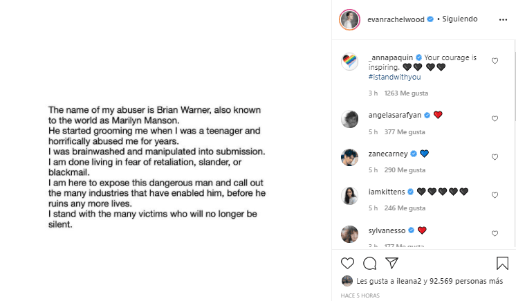 Fue hasta el día de hoy, febrero 2021, que Evan hizo público el nombre de su abusador: Brian Warner, mejor conocido como Marilyn Manson.