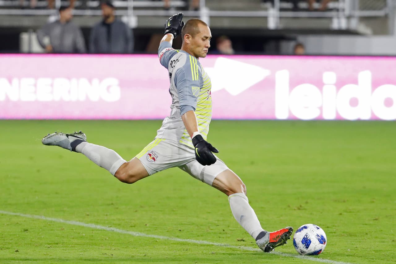 Jul 25, 2018; Washington, DC, USA; New York Red Bulls goalkeeper Luis Robles (31) kicks the ball against D.C. United in the second half at Audi Field. Red Bulls won 1-0. Mandatory Credit: Geoff Burke-USA TODAY Sports