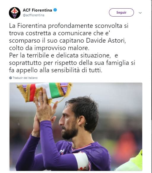 La Fiorentina, con profundo dolor, se ve obligada a anunciar que su capitán Davide Astori ha fallecido, por una enfermedad repentina.Por la situación terrible y delicada, y sobre todo por respeto para su familia, se hace un llamado a la sensibilidad de todos.