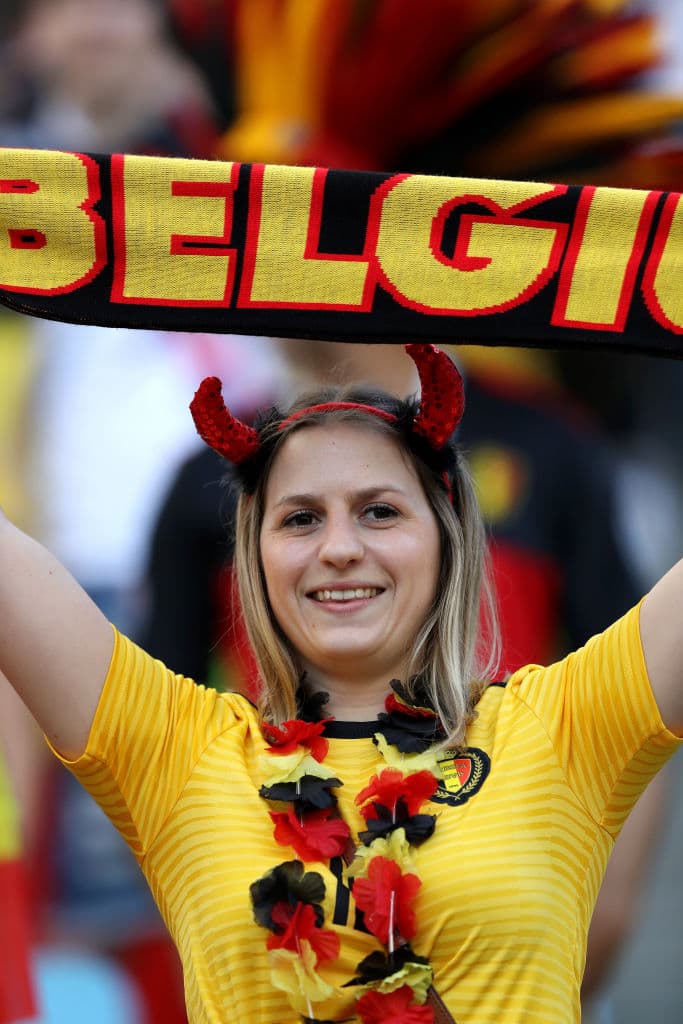 SOCHI, RUSSIA - JUNE 18: A Fan of Belgium enjoys the pre-match atmosphere ahead of the 2018 FIFA World Cup Russia group G match between Belgium and Panama at Fisht Stadium on June 18, 2018 in Sochi, Russia. (Photo by Richard Heathcote/Getty Images)