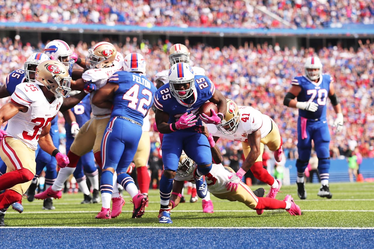 <a href="http://www.nfl.com/player/leseanmccoy/79607/profile" target="_blank"><b>LeSean McCoy, RB – Buffalo Bills</b></a>
<br>Los Bills dominaron por tierra a los San Francisco 49ers para un resultado de 45-16. A McCoy le dieron el ovoide 19 veces para conseguir 140 yardas y tres touchdowns.