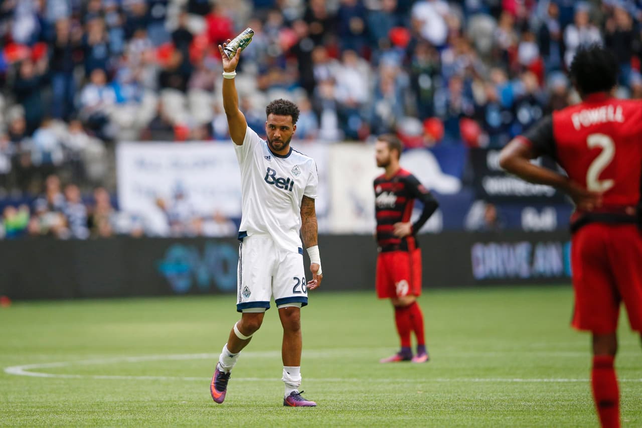 Oct 23, 2016; Vancouver, British Columbia, CAN; Vancouver Whitecaps FC forward Giles Barnes (28) waves to the fans after being substituted out against the Portland Timbers during the second half at BC Place. Vancouver defeated Portland, 4-1. Mandatory Credit: Joe Nicholson-USA TODAY Sports