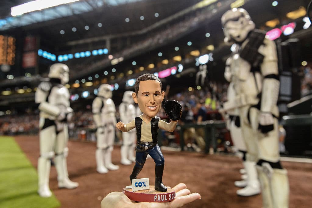 PHOENIX, AZ - JUNE 02: A view of the Paul Solo (Paul Goldschmidt + Han Solo) bobblehead as Stormtroopers stand on the field prior to the MLB game between the Miami Marlins and Arizona Diamondbacks at Chase Field on June 2, 2018 in Phoenix, Arizona. (Photo by Jennifer Stewart/Getty Images)
