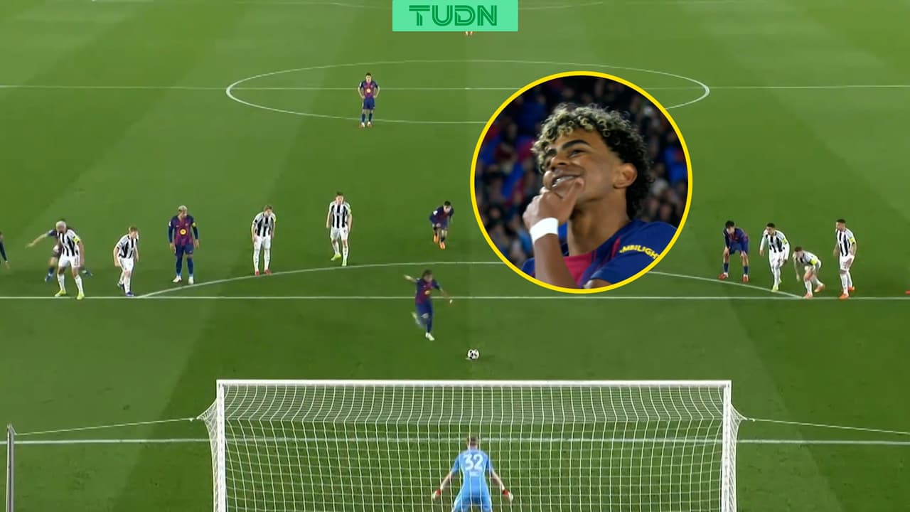Gol Lamine Yamal de penal en Champions League vs. New Castle United festejo