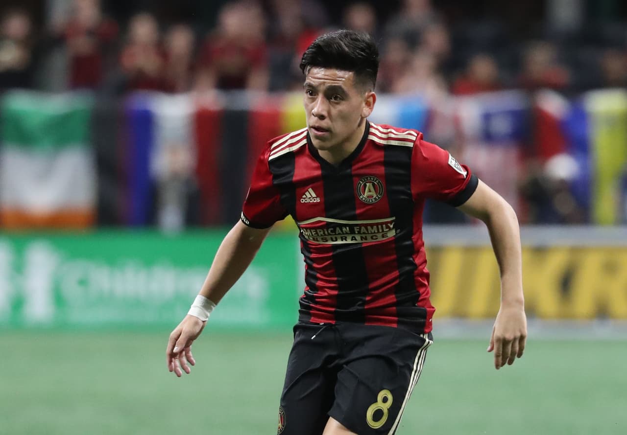 Apr 15, 2018; Atlanta, GA, USA; Atlanta United midfielder Ezequiel Barco (8) controls the ball during the second half against New York City at Mercedes-Benz Stadium. Mandatory Credit: Jason Getz-USA TODAY Sports