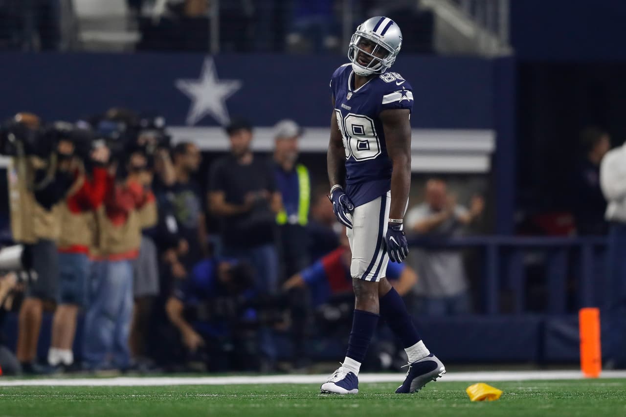 Dallas Cowboys wide receiver Dez Bryant (88) reacts during a week 12 NFL football game against the Los Angeles Chargers on Thursday, Nov. 23, 2017 in Arlington, Texas. Los Angeles won 28-6. (Aaron M. Sprecher via AP)