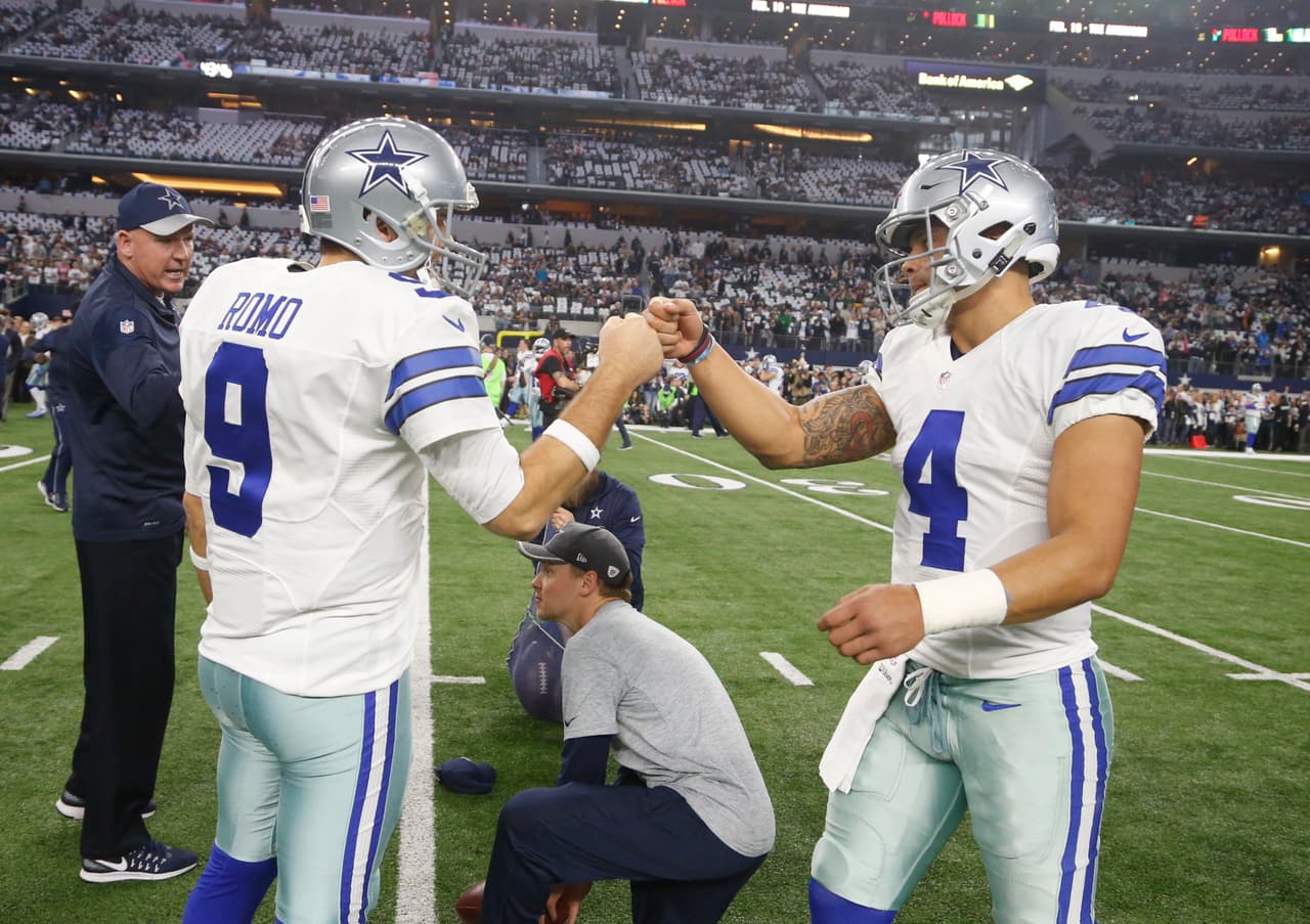 FILE - In this Jan. 15, 2017, file photo, Dallas Cowboys' Tony Romo talks to Dak Prescott before an NFL divisional playoff football game against the Green Bay Packers Sunday, Jan. 15, 2017, in Arlington, Texas. Now that NFL Offensive Rookie of the Year Prescott is entrenched as the starting quarterback for the Cowboys, it will be fascinating to see what happens with his predecessor, Romo. (AP Photo/Michael Ainsworth, File)