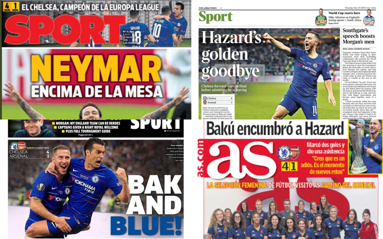 Después de un contundente 4-1 del Chelsea sobre el Arsenal en la Final de la UEFA Europa League, no se hicieron esperar las reacciones de la prensa y enfocándose en la gran actuación del belga Eden Hazard y su virtual marcha de los Blues.