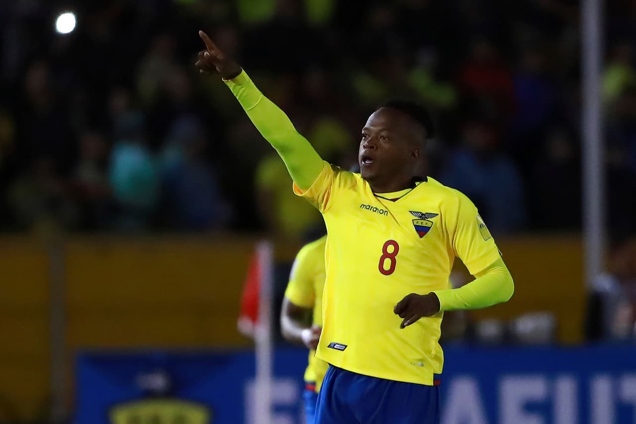 QUITO, ECUADOR - OCTOBER 10: Romario Ibarra of Ecuador celebrates after scoring the first goal of his team during a match between Ecuador and Argentina as part of FIFA 2018 World Cup Qualifiers at Olimpico Atahualpa Stadium on October 10, 2017 in Quito, Ecuador. (Photo by Hector Vivas/Getty Images)