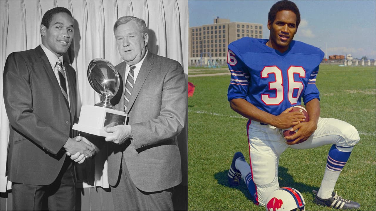 1969 O.J. SIMPSON | RB USC - 
<b>Buffalo Bills</b>
<br>
<br>El famoso corredor de Stanford, Ernie Nevers, a la derecha, otorga el premio Pop Warner a la ex estrella del Sur de California O.J. Simpson en en Palo Alto, California, el 29 de enero de 1969. Simpson dijo que esperaba pasar solo cinco años como jugador profesional, tras ser reclutado por los Buffalo Bills con la primera selección hace 50 años.