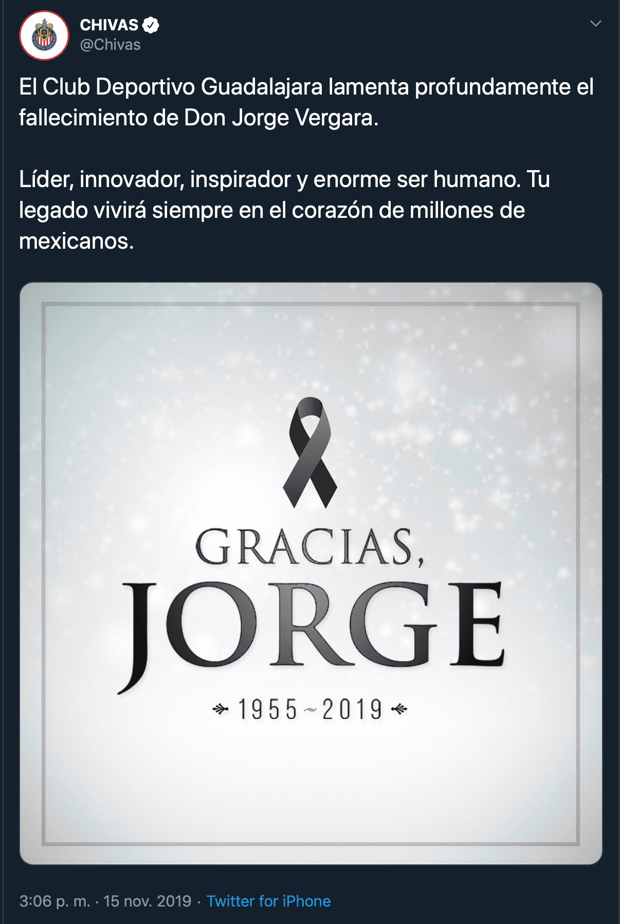 Clubes y jugadores lamentan profundamente el sensible fallecimiento de Jorge Vergara Madrigal.