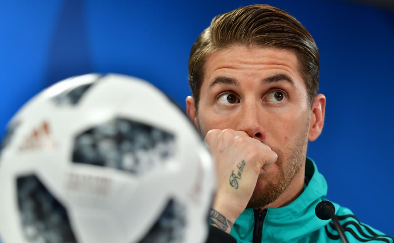 Real Madrid captain and defender Sergio Ramos attends a press conference on the eve of their FIFA Club World Cup final match against Brazilian Gremio club in the Emirati capital Abu Dhabi on December 15, 2017. / AFP PHOTO / Giuseppe CACACE (Photo credit should read GIUSEPPE CACACE/AFP/Getty Images)