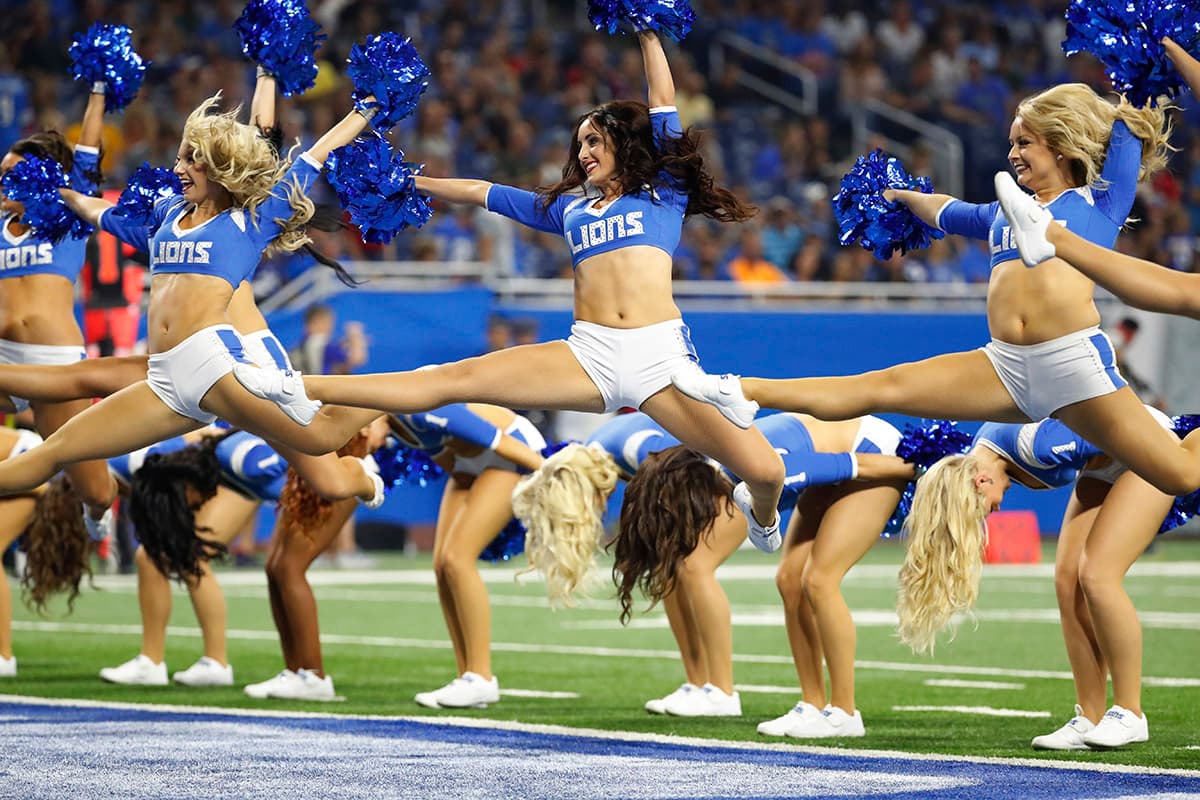 Members of the Detroit Lions cheerleading squad perform during the first half of an NFL football game between the Detroit Lions and the New York Giants, Friday, Aug. 17, 2018, in Detroit. (AP Photo/Rick Osentoski)