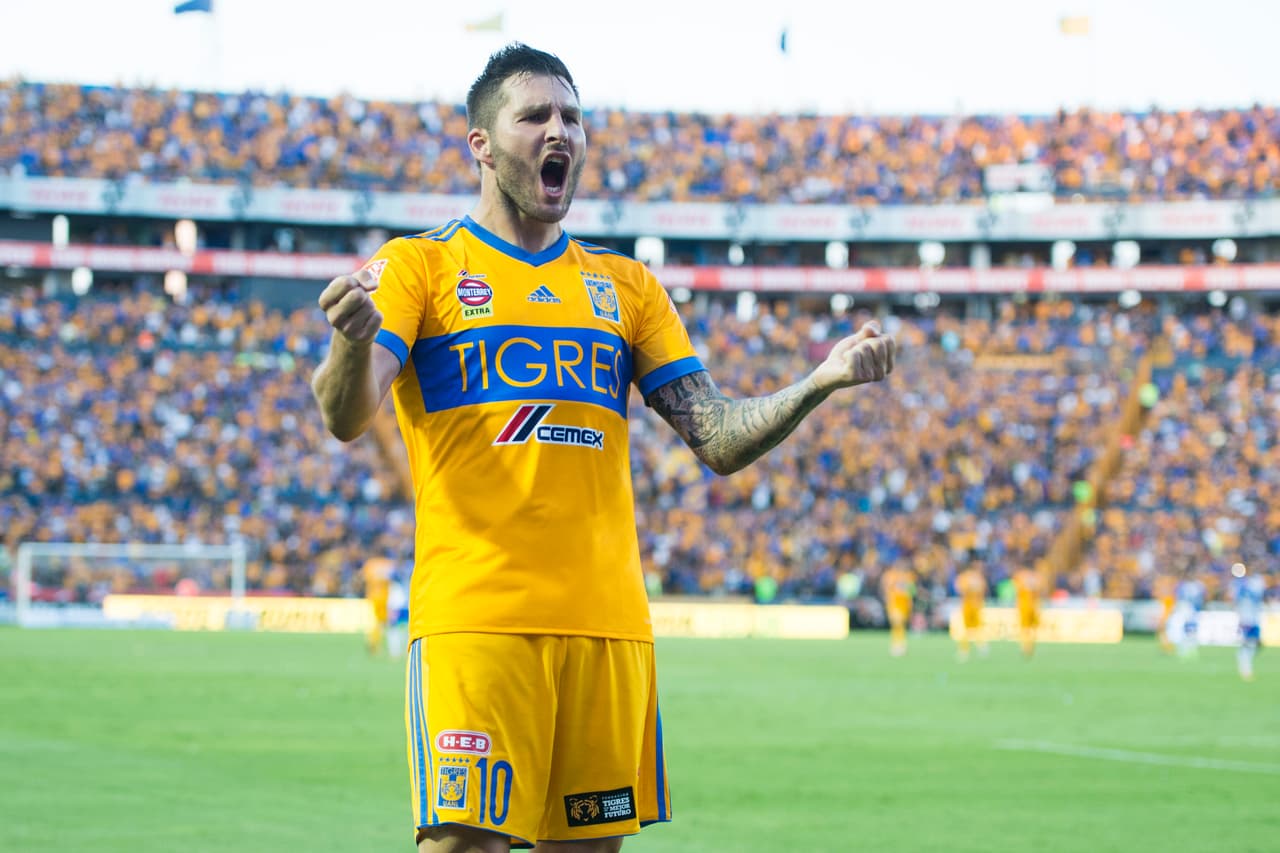 Action photo during the match Tigres UANL vs Puebla, Corresponding 1st round of the Torneo Apertura 2017 Liga BBVA Bancomer the MX, the Universitary Stadium. Foto de accion durante el Partido Tigres UANL vs Puebla, Correspondiente a la Jornada 1 del Torneo Apertura 2017 de la Liga BBVA Bancomer MX, en el Estadio Universitario, en la foto: Andre-Pierre Gignac celebra gol de Tigres 22/07/2017/MEXSPORT/Jorge Martinez.