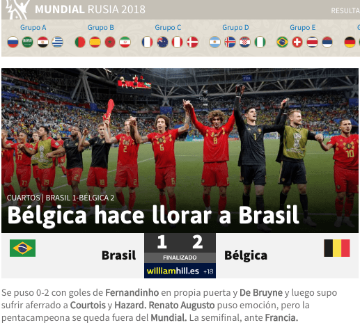 El diario deportivo 
<i>AS</i>, de España, con dureza pero con congruencia, aludiendo a la eliminación de Brasil a manos de la selección de Bélgica.