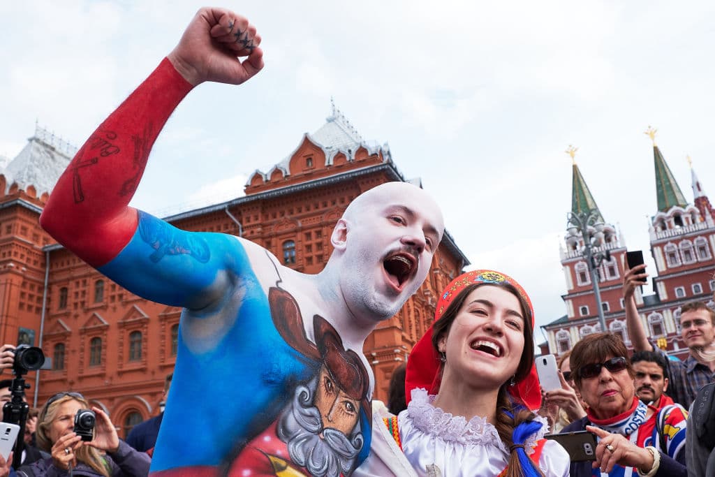 MOSCOW, RUSSIA - JUNE 14: With hours to go until the first World Cup game between Russia and Saudi Arabia, Peruvian fans are in party mood near Red Square in Moscow on June 14, 2018 in Moscow, Russia. FIFA expects more than three billion viewers of the World Cup competition which begins today. (Photo by Oleg Nikishin/Getty Images)