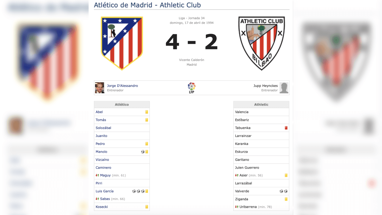 <b>¡Así finalizó el partido!</b>
<br>Estas fueron las alineaciones donde el Atlético de Madrid se impuso 4-2 al Athletic Club de Bilbao con notable actuación de Luis García.