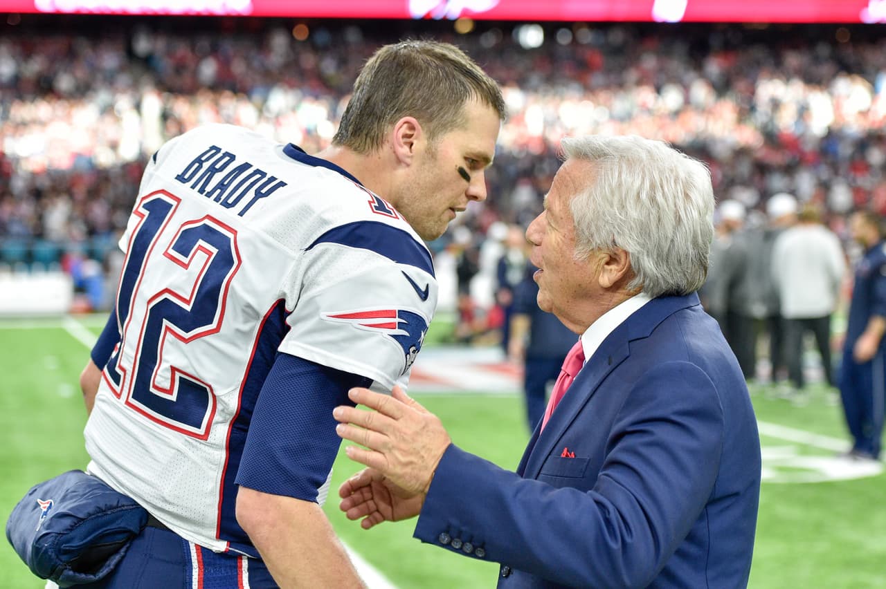 New England Patriots owner, Chairman and Chief Executive Officer of The Kraft Group Robert Kraft greets quarterback Tom Brady (12) prior to the NFL Super Bowl LI football game against the Atlanta Falcons on Sunday, Feb. 5, 2017 in Houston. The Patriots defeated the Falcons 34-28. (Jim Mahoney via AP)