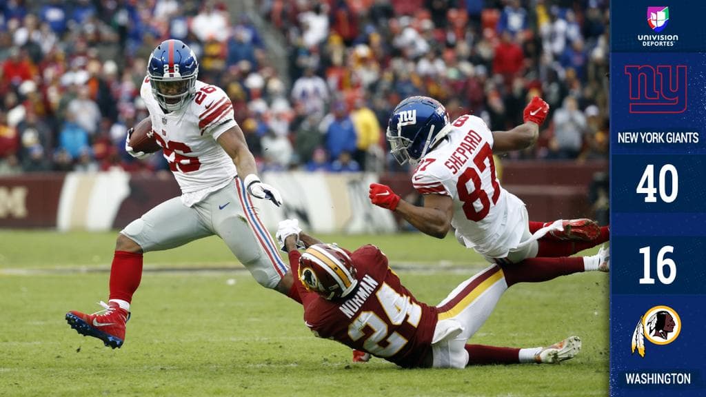 <b>NY Giants 40-16 Washington</b>. Con dos QB's titulares fuera por lesión los Redskins (6-7) se desinflan al caer estrepitosamente ante los Giants (5-8), por quienes Saquon Barkley corrió para 170 yardas.