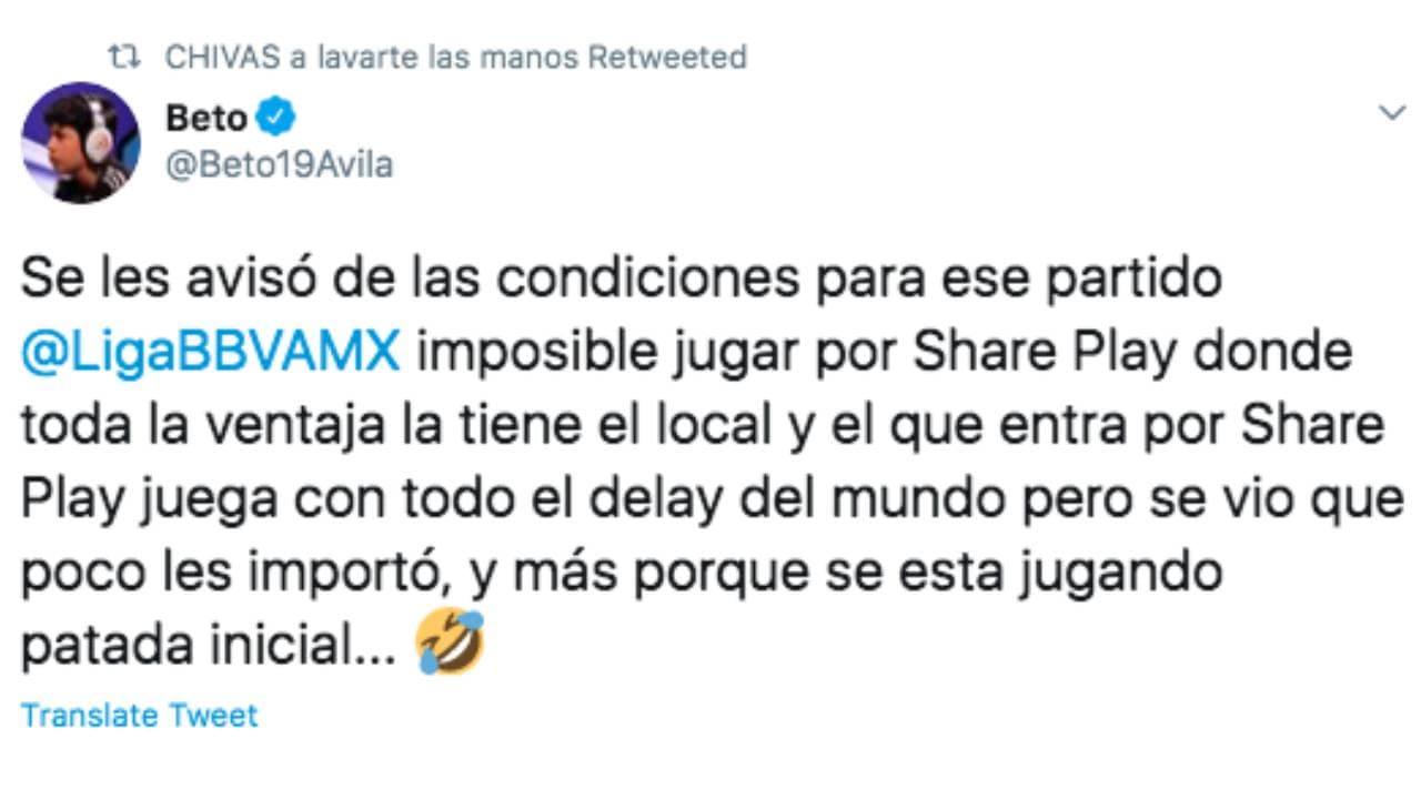 El coach de las eChivas acusó un delay que habría perjudicado a Fernando 'el Nene' Beltrán durante el encuentro contra el América al jugarse la eLiguilla en el modo patada inicial compartido por share play, en lugar del modo online como se jugó el torneo.
