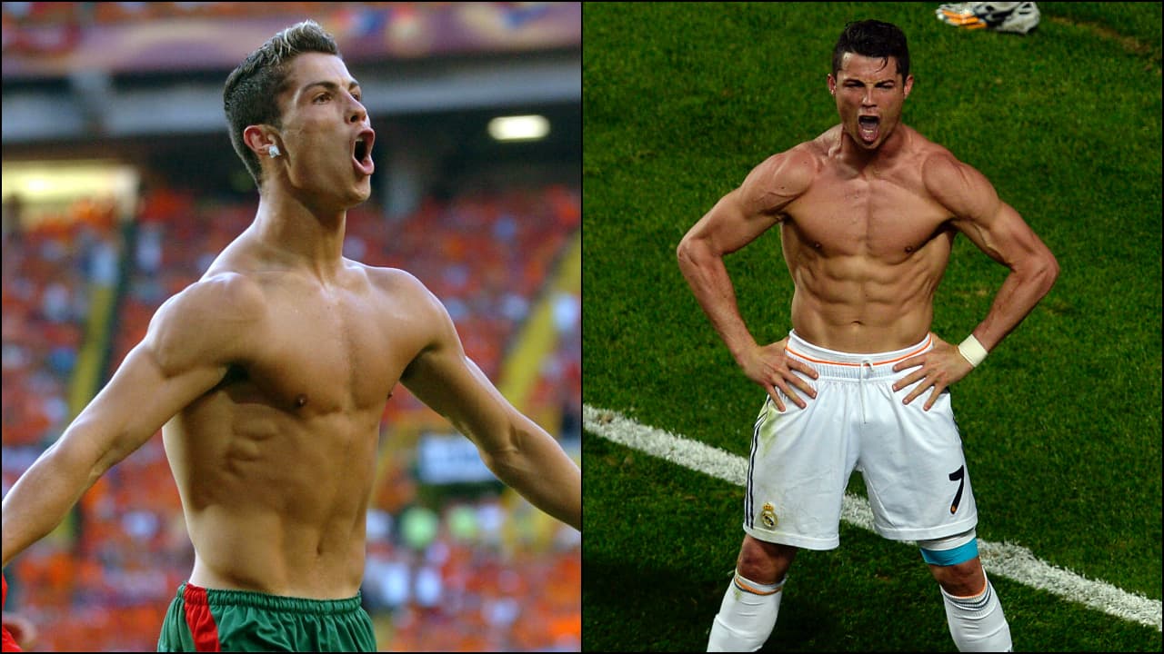 <b>Cristiano Ronaldo</b>
<br>- No podemos dejar a un lado el caso de 'El Comandante'. 
<br>- Cristiano, es uno de los jugadores que más depura su físico.
<br>- Del lado izquierdo vemos una imagen cuando comenzaba a aparecer en la Selección de Portugal durante el 2006.
<br>- Posteriormente, así lucía 10 años más tarde tras ganar una Champions League con el Real Madrid.