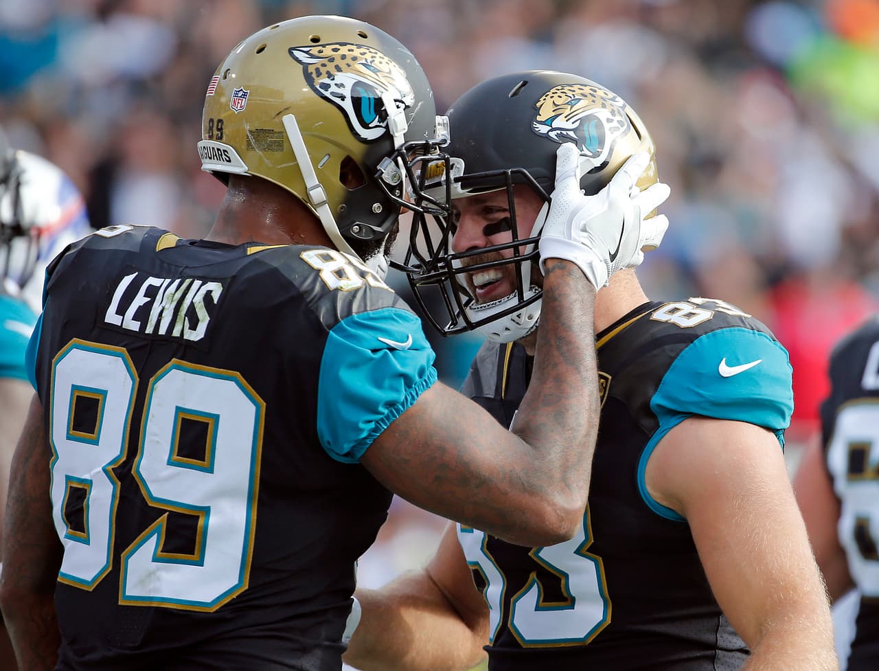 Jacksonville Jaguars tight end Marcedes Lewis (89) celebrates with tight end Ben Koyack, right, after Koyack scored a touchdown against the Buffalo Bills in the second half of an NFL wild-card playoff football game, Sunday, Jan. 7, 2018, in Jacksonville, Fla. (AP Photo/Stephen B. Morton)