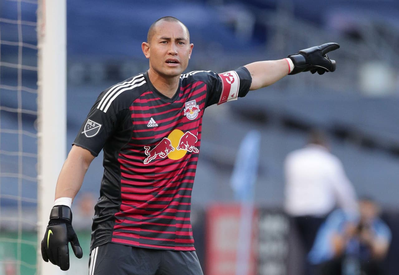 Jul 8, 2018; New York, NY, USA; New York Red Bulls goalkeeper Luis Robles (31) points during the first half against New York City FC at Yankee Stadium. Mandatory Credit: Vincent Carchietta-USA TODAY Sports