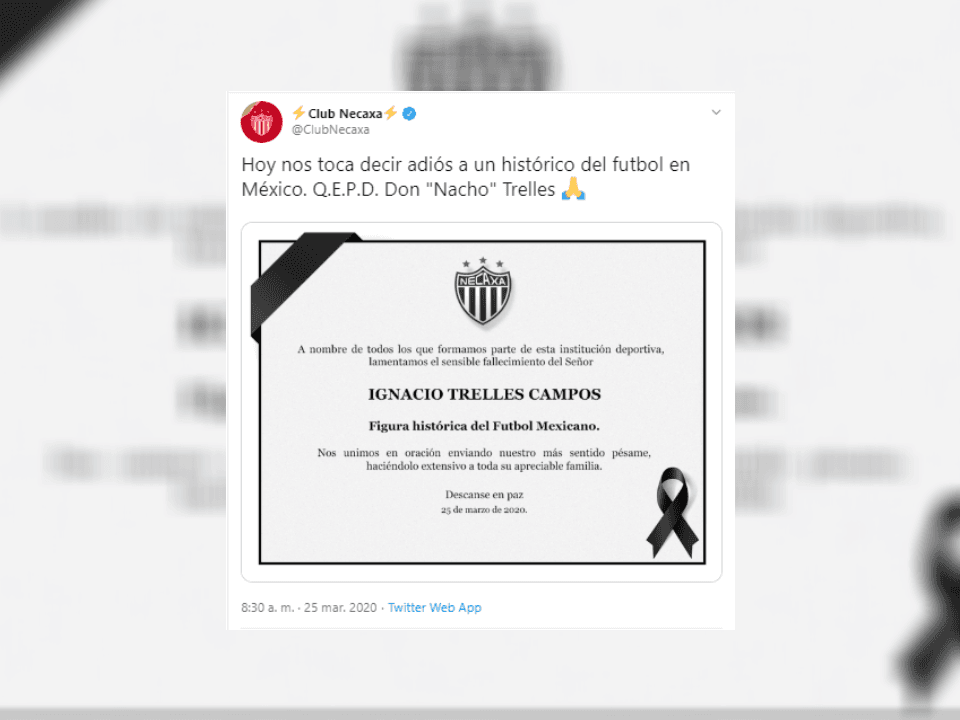 El club Necaxa se une a las condolencias.