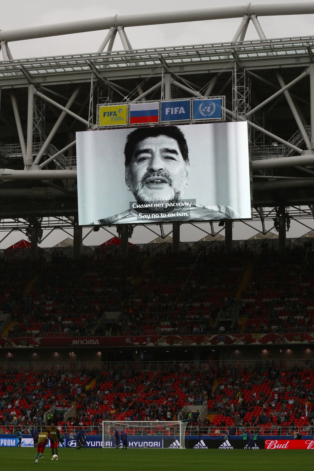 MOSCOW, RUSSIA - JULY 02: Diego Maradona reads a message on screen prior to the FIFA Confederations Cup Russia 2017 Play-Off for Third Place between Portugal and Mexico at Spartak Stadium on July 2, 2017 in Moscow, Russia. (Photo by Ian Walton/Getty Images)
