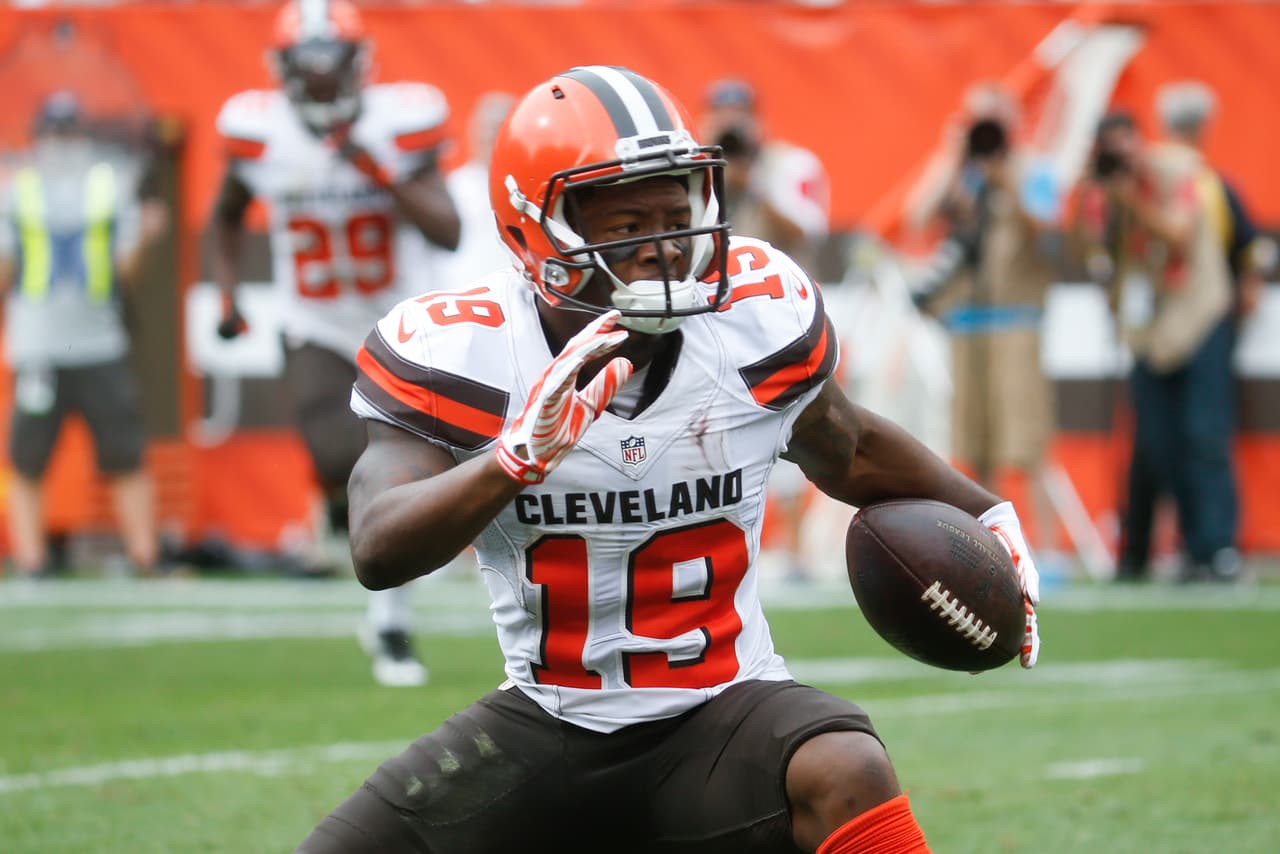 Cleveland Browns wide receiver Corey Coleman reacts after intercepting a pass in the second half of an NFL football game against the Baltimore Ravens, Sunday, Sept. 18, 2016, in Cleveland. (AP Photo/Ron Schwane)