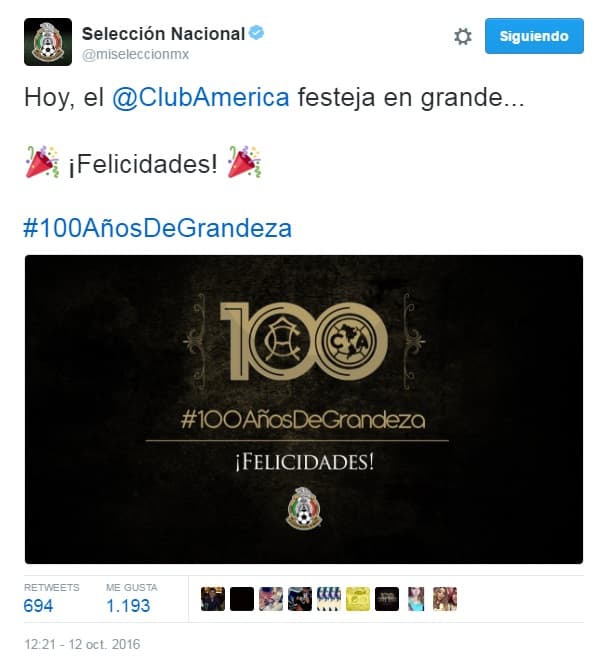 América cumple 100 años de existencia, por lo que diferentes equipos y personajes del medio futbolístico felicitaron a la institución. 
<br>