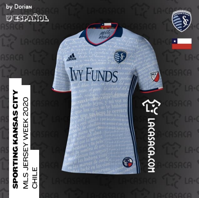 <b>Sporting Kansas City = Selección Chile</b>
<br>Las letras de los poemas del poeta chileno Pablo Neruda adornan la superficie de esta linda versión de la camiseta de Sporting Kansas City. Uno de los principales jugadores del actual plantel del equipo es el volante chileno Felipe Gutiérrez.
