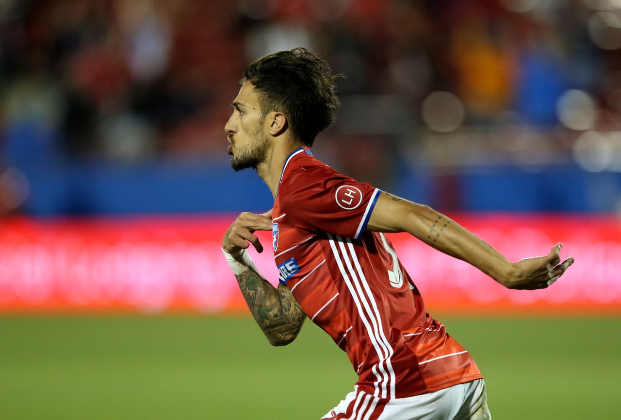 Apr 29, 2017; Dallas, TX, USA; FC Dallas forward Maximiliano Urruti (37) reacts after scoring a goal during the second half against the Portland Timbers at Toyota Stadium. Mandatory Credit: Kevin Jairaj-USA TODAY Sports