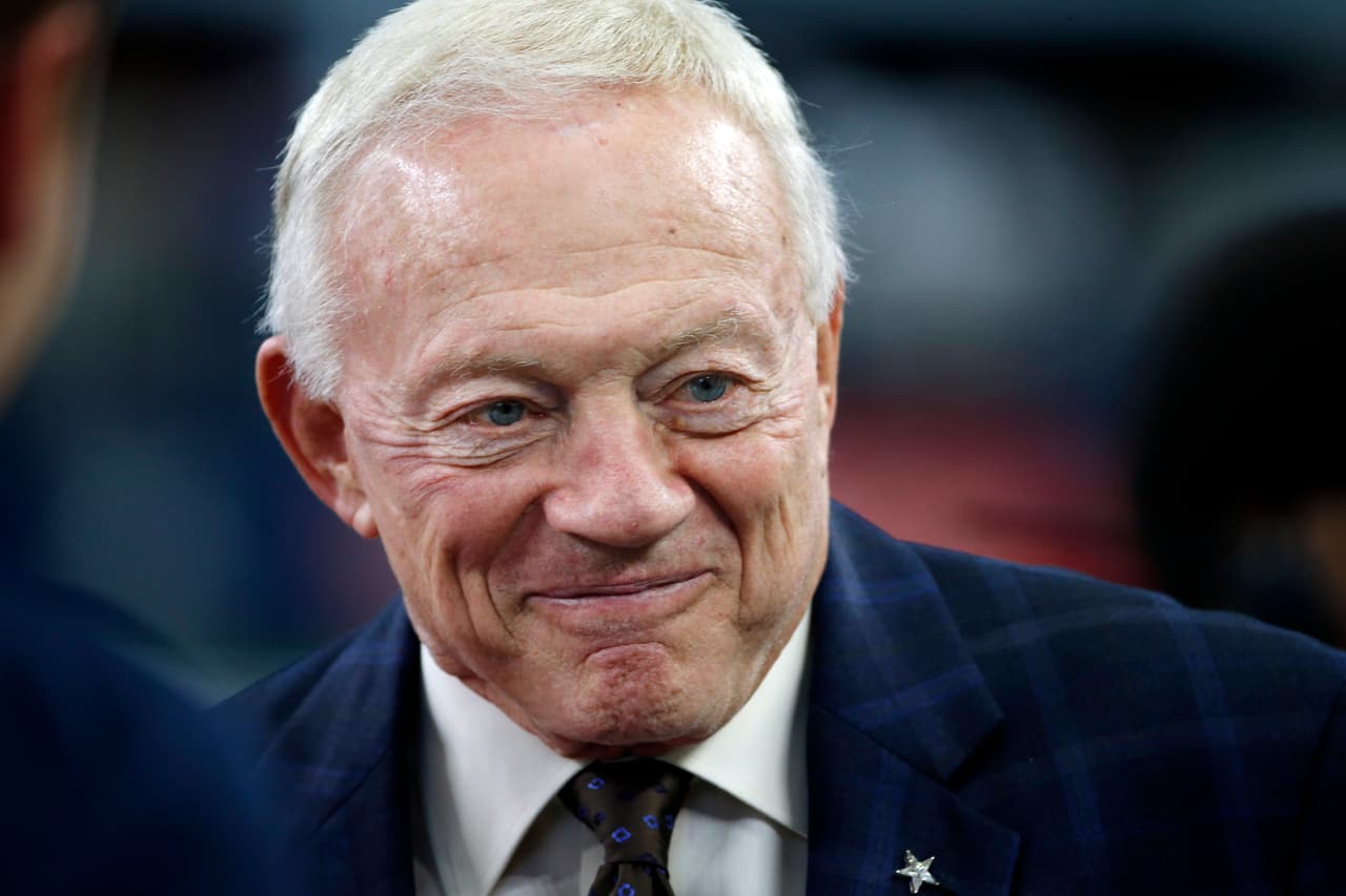Dallas Cowboys owner Jerry Jones talks on the sideline prior to his team playing the Washington Redskins during an NFL football game, Thursday, Nov. 24, 2016, in Arlington, Texas. (AP Photo/Ron Jenkins)