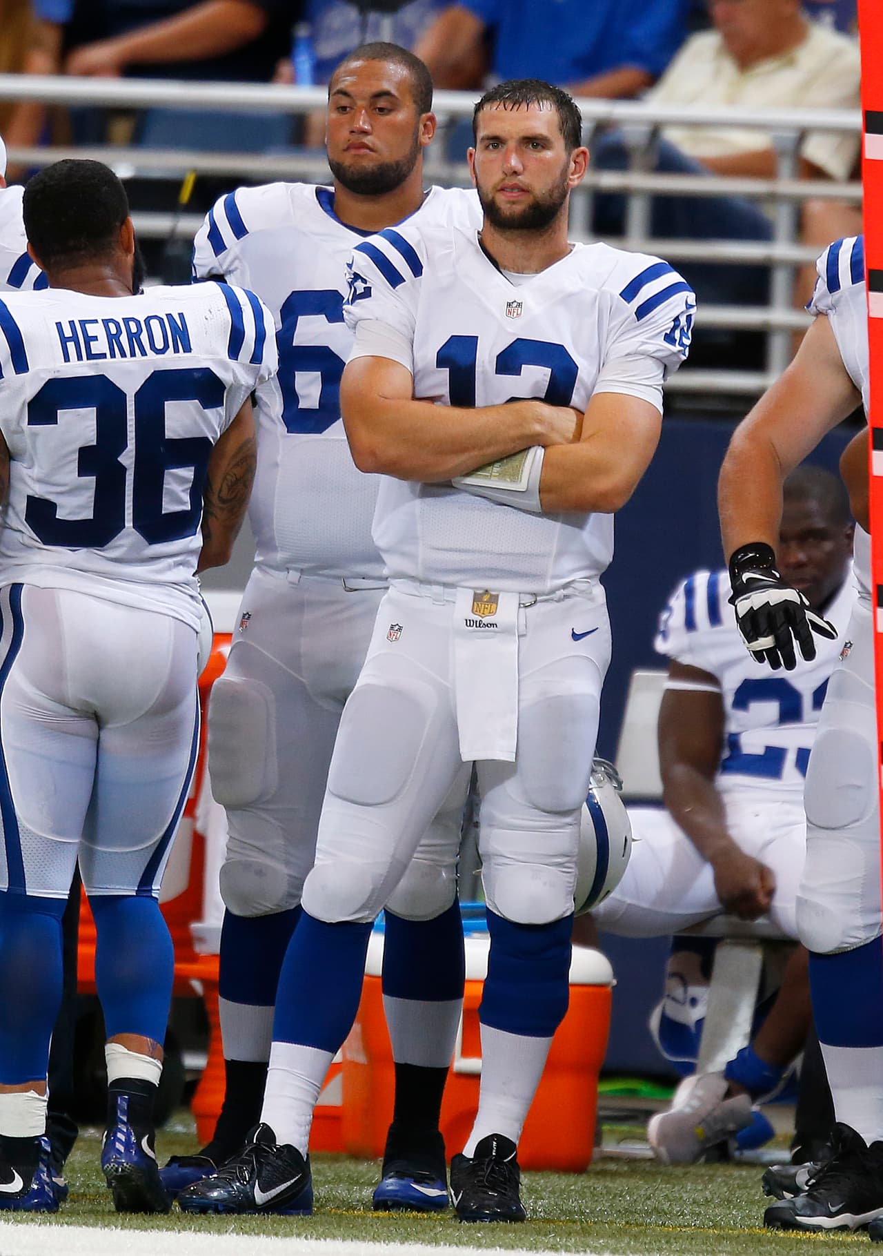Indianapolis Colts quarterback Andrew Luck (12) watches from the sideline during an NFL preseason game against the St. Louis Rams at the Edward Jones Dome on August 29, 2015. The Colts defeated the Rams 24-14. (Kevin Terrell via AP)