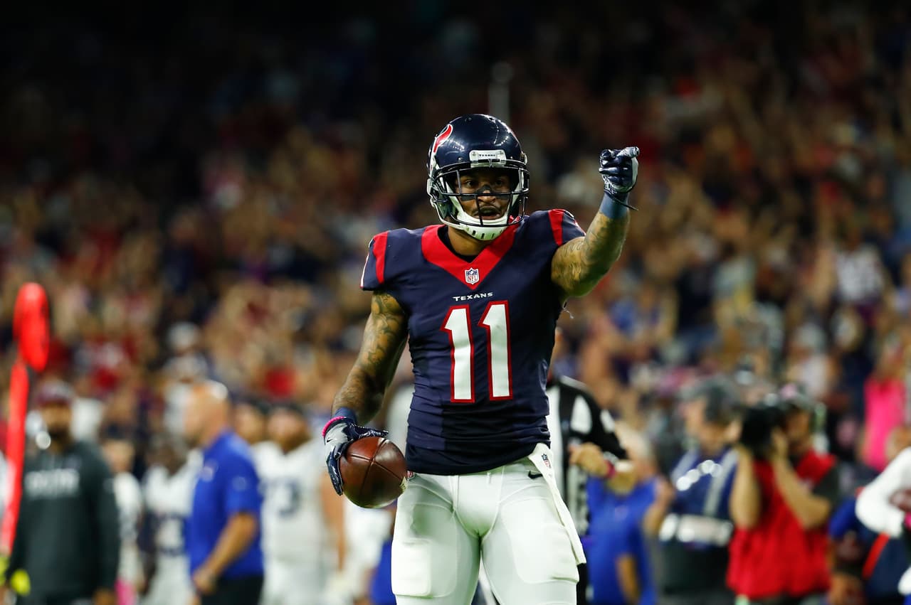 Houston Texans wide receiver Jaelen Strong (11) celebrates a first down after a pass completion during a Week 6 NFL football game against the Indianapolis Colts on Sunday, Oct. 9, 2016 in Houston. The Texans beat the Colts 26-23 in OT. (Matt Patterson via AP)