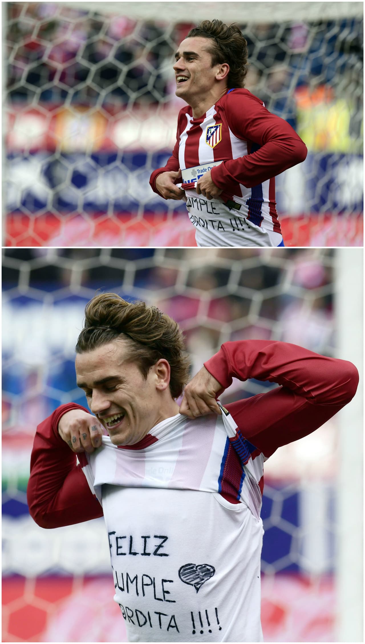Apenas meterle gol al Valencia en el Vicente Calderón, el ocurrente Antoine Griezmann se descamisó para felicitar a su pareja sentimental.