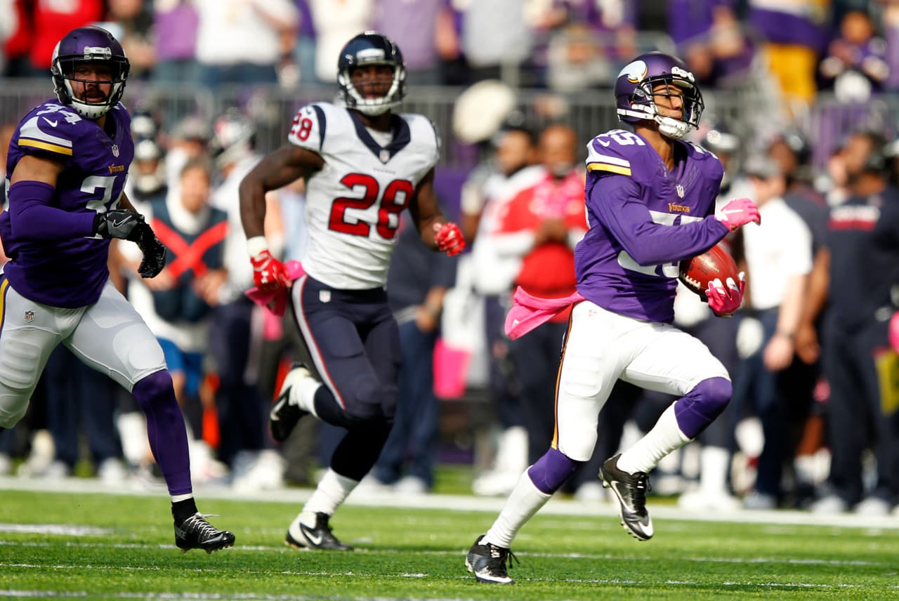 Minnesota Vikings' Marcus Sherels, right, returns a punt 79-yards for a touchdown during the first half of an NFL football game against the Houston Texans, Sunday, Oct. 9, 2016, in Minneapolis. (AP Photo/Andy Clayton-King)