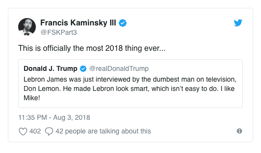 El delantero de los Charlotte Hornets, Frank Kamisnky fue muy sarcástico: "Esto es oficialmente lo más típico que verán en 2018".