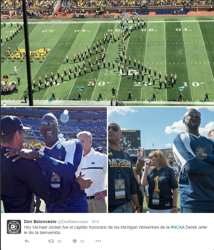 "Hoy Michael Jordan fue el capitán honorario de los Michigan Wolverines de la 
<a href="https://twitter.com/hashtag/NCAA?src=hash">#<b>NCAA</b></a> Derek Jeter le dio la bienvenida".