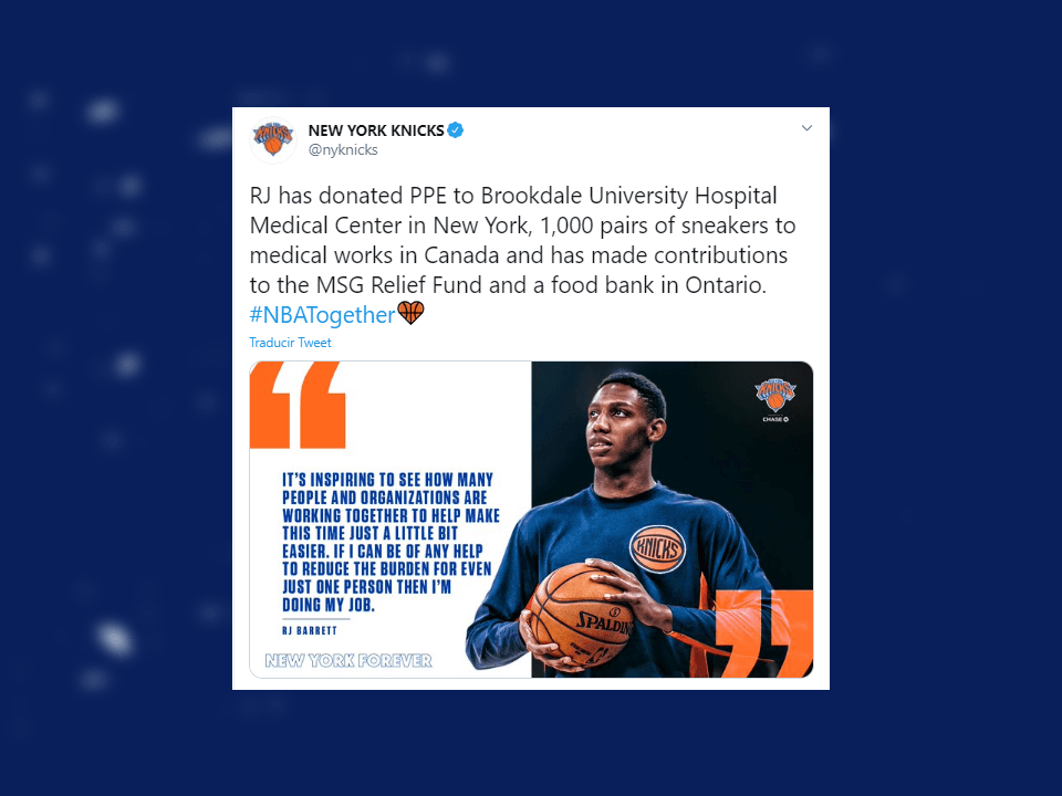 <b>Actos de cuidado</b>
<br>La NBA pide a fanáticos y público en general a compartir formas de apoyo entre familia, amigos y comunidad, subiendo videos y fotos con el hashtag #NBATogether en diversas redes sociales. Estos actos pueden ser clases virtuales, comprar el super para adultos mayores, etc.