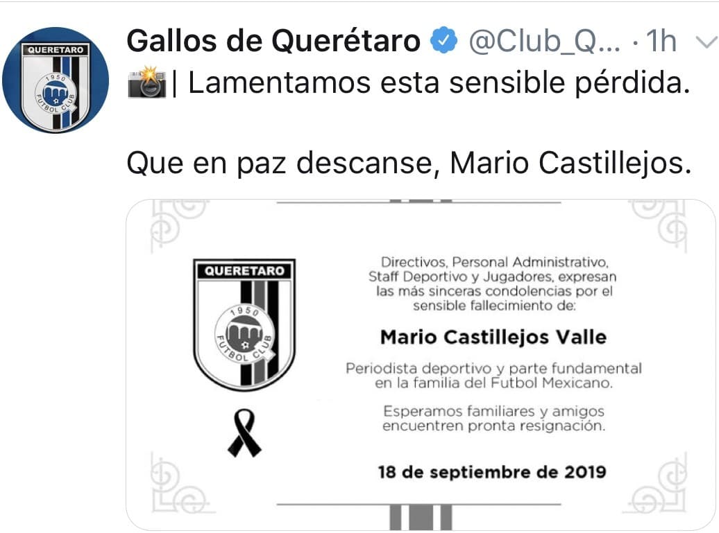Los clubes de la Liga MX, se unieron para darle el pésame a la familia de Mario Castillejos, quién falleció este miércoles 18 de septiembre.