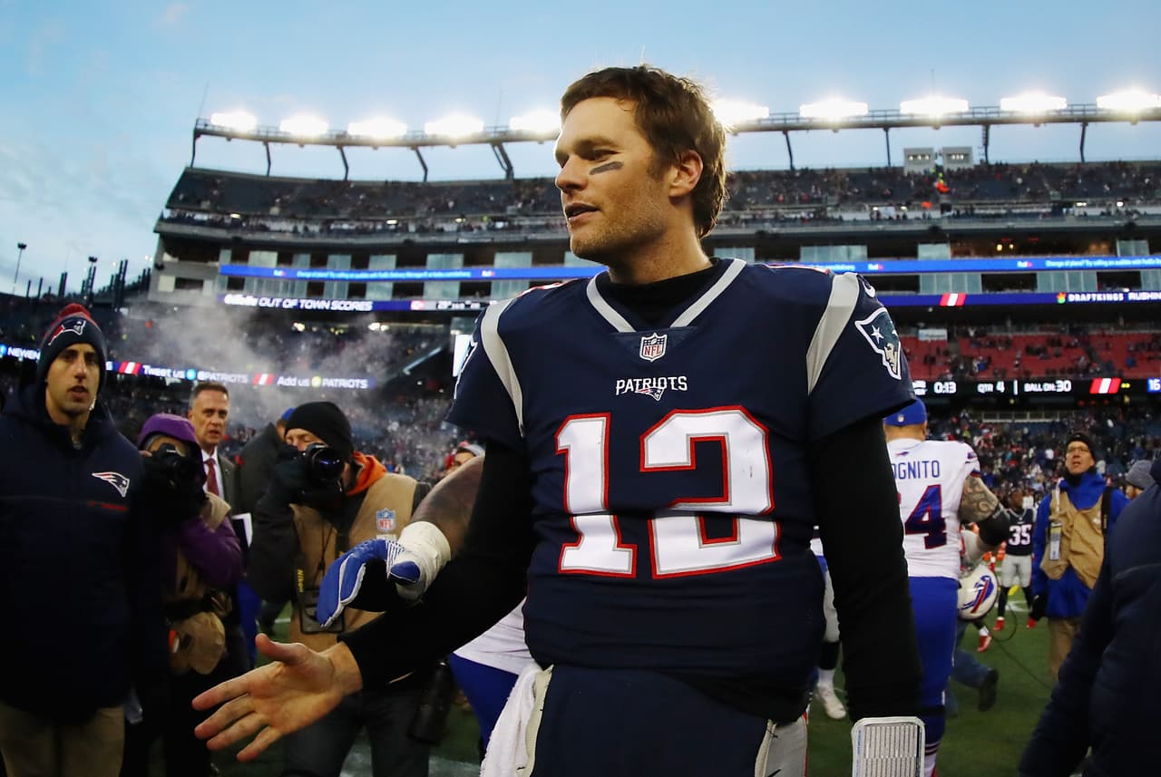 FOXBORO, MA - DECEMBER 24: Tom Brady #12 of the New England Patriots reacts after the game against the Buffalo Bills at Gillette Stadium on December 24, 2017 in Foxboro, Massachusetts. (Photo by Tim Bradbury/Getty Images)
