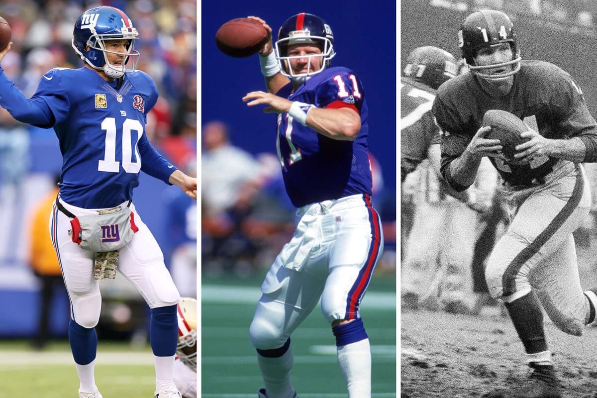#11 NEW YORK GIANTS: Eli Manning, Phil Simms, Y.A. Tittle (AP-NFL).