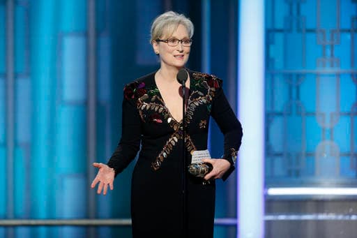 This image released by NBC shows Meryl Streep accepting the Cecil B. DeMille Award at the 74th Annual Golden Globe Awards at the Beverly Hilton Hotel in Beverly Hills, Calif., on Sunday, Jan. 8, 2017. (Paul Drinkwater/NBC via AP)
