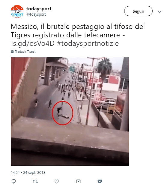 El portal italiano 
<i>Today Sport</i> difundió el video, lamentablemente ya viral, donde un aficionado de Tigres queda inconsciente por la golpiza.