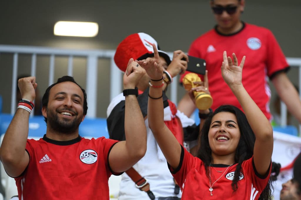 Egypt fans cheer on the team before the Russia 2018 World Cup Group A football match between Saudi Arabia and Egypt at the Volgograd Arena in Volgograd on June 25, 2018. (Photo by Philippe DESMAZES / AFP) / RESTRICTED TO EDITORIAL USE - NO MOBILE PUSH ALERTS/DOWNLOADS (Photo credit should read PHILIPPE DESMAZES/AFP/Getty Images)